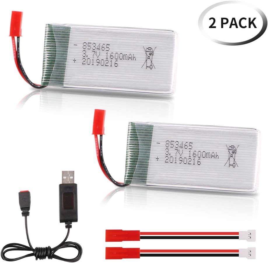 2pcs 3.7V 1600mAh JST Lipo Battery with USB Charge for JJRC A6 A20 A20W A22 H68 X27C-2 XG183 69608 and 2 JST to Molex Battery Adapters for Vehicles with Molex Plug Type
