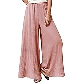 Womens Linen Pants High Elastic Waist Wide Leg Flowy Trousers Plus Size with Pockets Pink 3XL