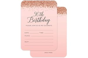 Andaz Press 24 Pack Blush Pink Rose Gold 90th Birthday Invitations For Women, 5x7 Inch 90th Birthday Party Invitations With E