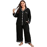 Vozanet Women's Plus Size Pajama Set Button Down Long Sleeve and Pants Lounge Sets with Drawstring and Pockets Sleepwear