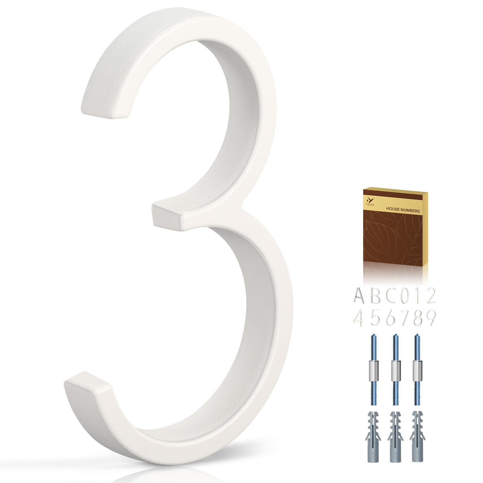 Photo 1 of YIPLED 5 Inch House Numbers for Outside, Metal Address Number 3- Modern Design, Weather-Resistant White Crystal Powder Coated Finish, Stain Resistant, No Paint Peeling (White)
