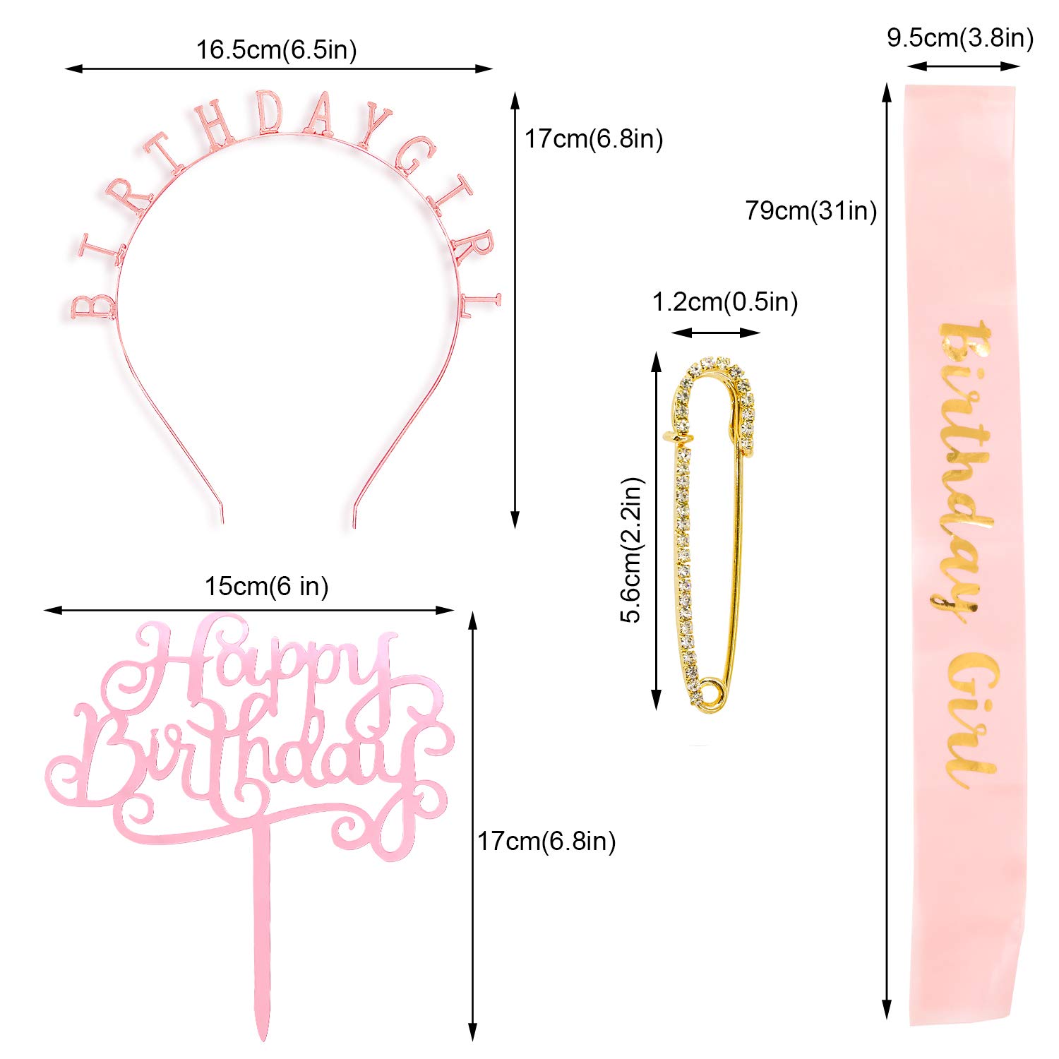 4PCS Birthday Girl Tiara Set Include Rose Gold Crown Pink Satin Sash Glitter Cake Topper Brooch Birthday Party Supplies Set Perfect Gift (Rose Gold)