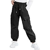 JiAmy Girls Cargo Pants Elastic High Waist Drawstring Pants Jogger Trousers Casual Loose with Pockets 6-14Y