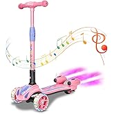 3 Wheel Scooter for Kids, Toddler Scooter with Bluetooth Music Speaker Steam Sprayer LED Lights Aluminum Alloy T-Bar, Folding Kick Scooters for Boys Girls Ages 3-10