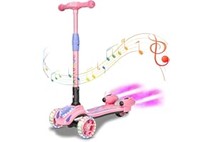 3 Wheel Scooter for Kids, Toddler Scooter with Bluetooth Music Speaker Steam Sprayer LED Lights Aluminum Alloy T-Bar, Folding
