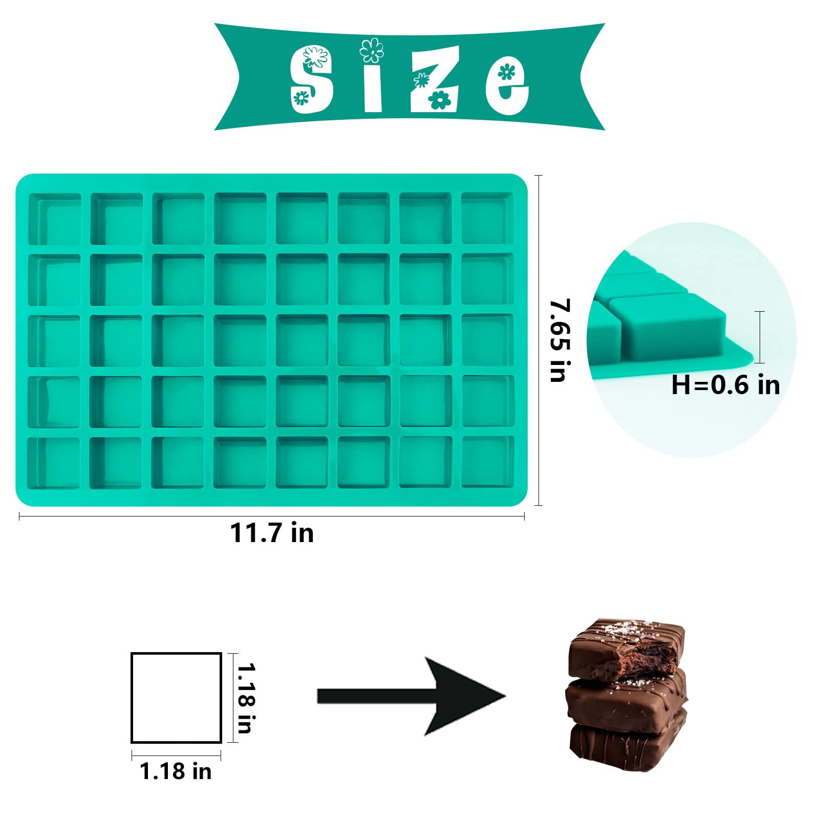 Sakolla Square Chocolate Mold, 40 Cavities Silicone Cube Mold for Chocolate, Candy, Caramel, Ice Cubes, Ganache, Gummy