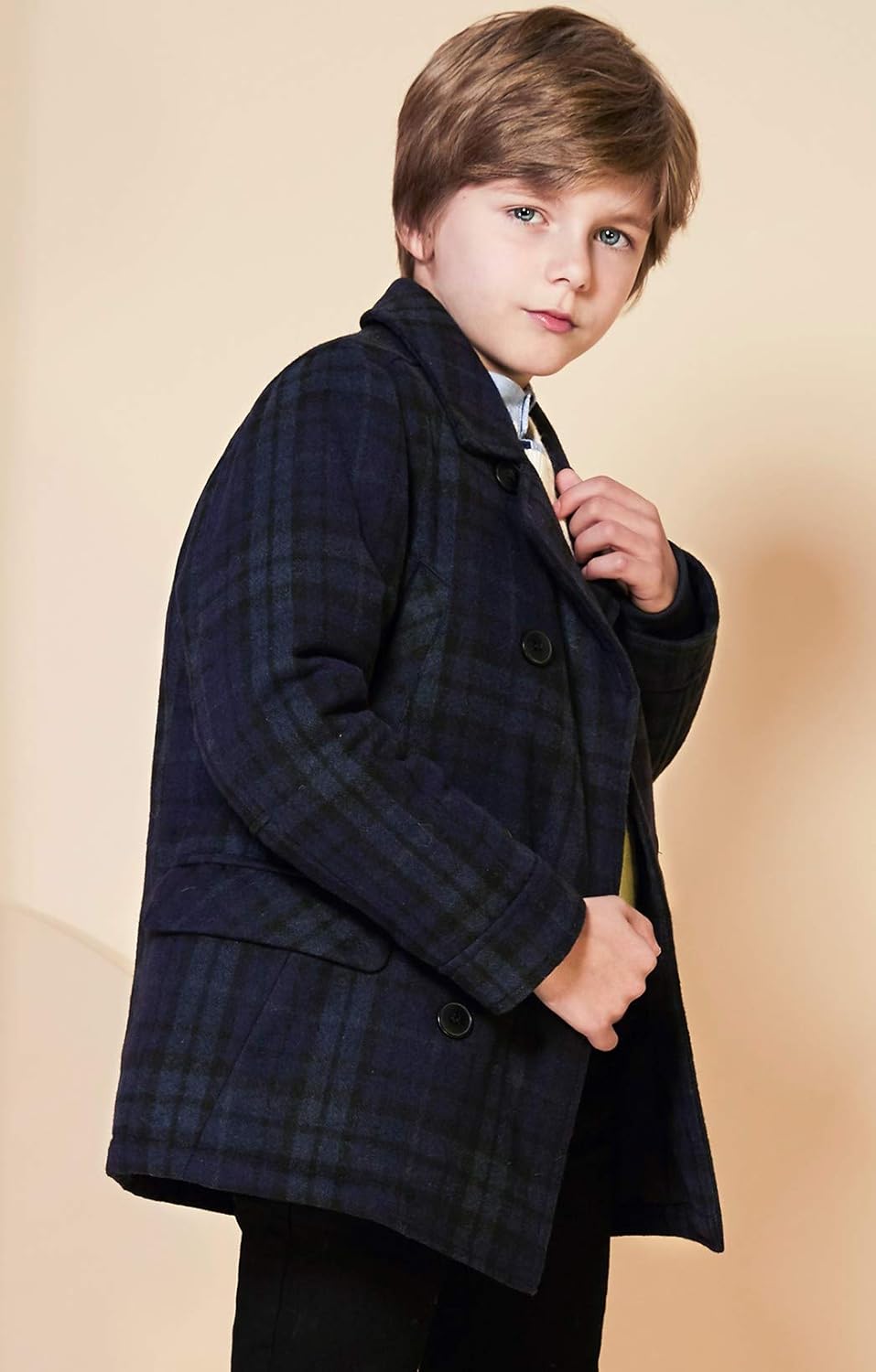 SOLOCOTE Boys Coat Elegant Notched Collar Double Breasted Wool Blend Over Pea Coat: Clothing