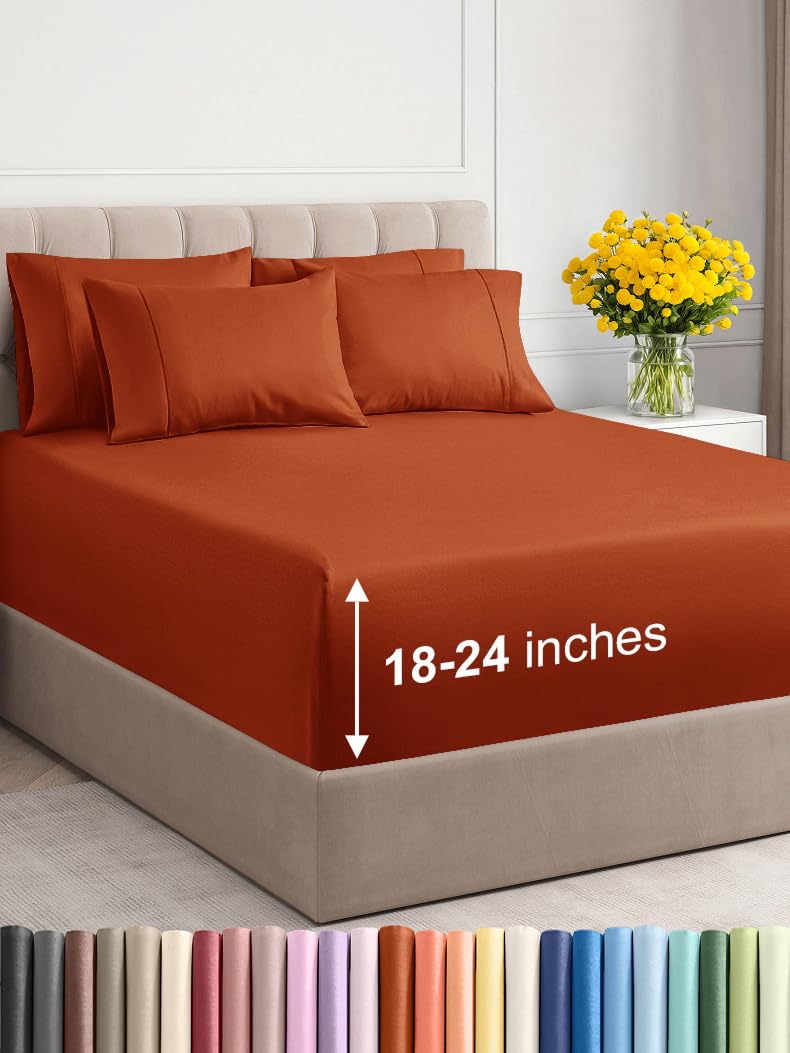 Photo 1 of Extra Deep Cal King Sheet Set - 6 Piece Breathable and Cooling Sheets - Hotel Luxury Bed Sheets Set - Easy Fit - Soft, Wrinkle Free and Comfy Sheets Set - Terracotta Sheet Set with Extra Deep Pockets