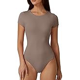 QINSEN Women's Crew Neck Short Sleeve Bodysuit Double Lined Body Suits Basic T-shirt Tops