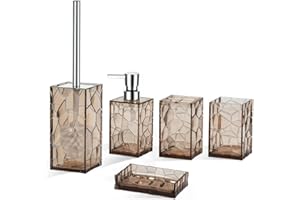 AKSIPO Brown Acrylic Bathroom Accessory Set, 5 Pcs Bathroom Accessories Set with Lotion Dispenser,Soap Dish,Tumbler,Toothbrush Holder,Toilet Brush Set, Elegant Bathroom Decor and Housewarming Gift Set