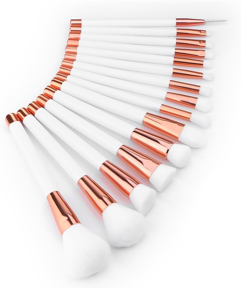 Summifit 15 Pcs Professional Makeup Brushes Set Powder Foundation Contour Blending Eyeshadow Eyeliner Bronzer Lip Brush Kit (White Rose Gold)