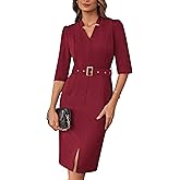 GRACE KARIN Women's Work Dress 3/4 Sleeve V Neck Bodycon Sheath Dress Zipper Up Office Business Dresses with Belt