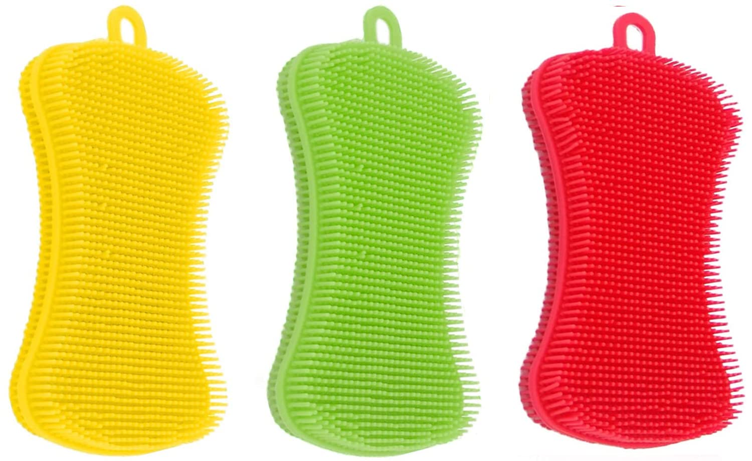 Silicone Scrubbing Sponge 3 Pack Kitchen Silicone Sponge Silicon Non Scratch & Non Smell Kitchen Scrubber Pad Reusable Cleaning for Dishes Fruit Vegetable Multi-Colored Pads Red Orange Green