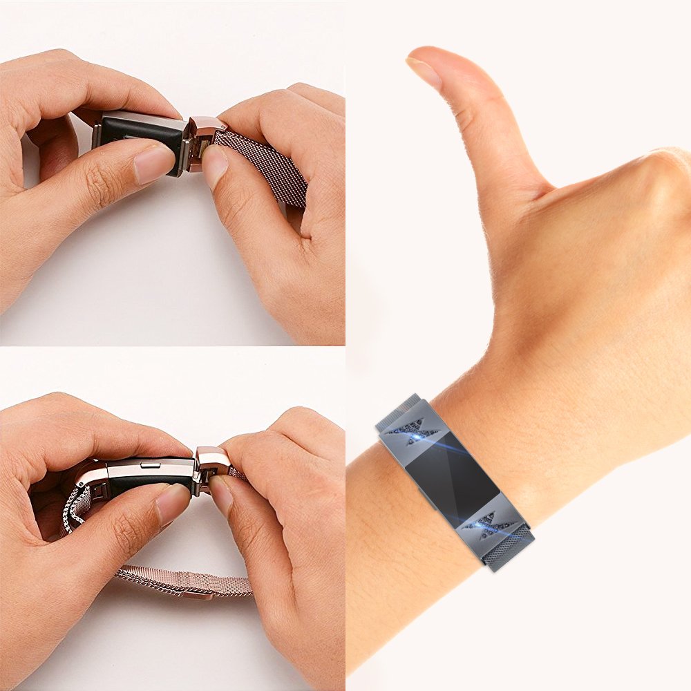 Fitbit Charge 2 Bands, MeanLove Bling Diamonds Stainless Steel Milanese Loop Replacement Accessories Magnetic Metal Small & Large Bands for Fitbit Charge 2 (Gray, Small (5.5\