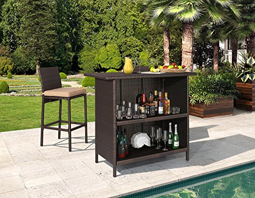 Ulax 3-Piece Patio Outdoor Backyard Wicker Bar Set with Table and Two Stools