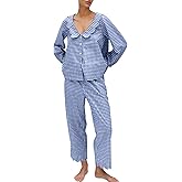 Kissonic Womens Gingham Pajama Set 2 Piece Scalloped Edge Plaid Babydoll Pjs Long Sleeve Cotton Sleepwear Lounge Set