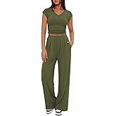BTFBM Womens 2 Piece Outfits Spring 2026 V Neck Cap Sleeve Ruched Top Wide Leg Pants Sets Rib Knit Lounge Matching Set