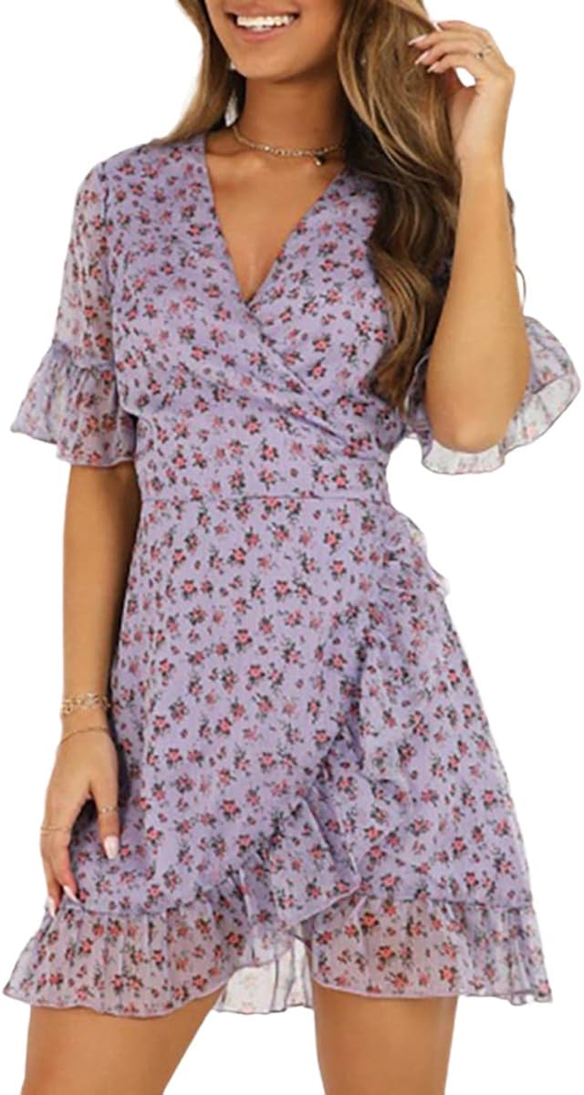 Mini Floral Purple Dress for Women, Daisy Print Elegant Flare Sleeves V