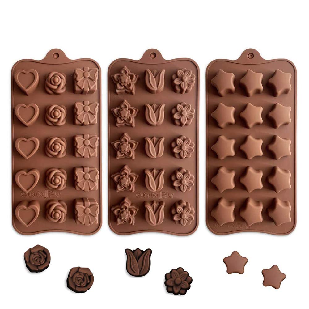 Flowers Shape Chocolate Mould, 3 Pieces Silicone Candy Moulds, Chocolate Moulds, Hard Chocolate Molds, Chocolate Silicone Molds Trays, for Home Kid Baking Making Chocolate Candy Cake Jelly