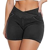 MONCCIZA Women’s Stretchy Jean Shorts Crossover High Waisted Pull On Denim Shorts with Pockets