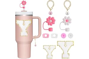 BABORUI 10Pcs Cup Accessories for Stanley Cup 40oz&30oz, Personalized Decoration with Straw Cover Cap, Spill Stopper, Embroidered Letter Sticker and Letter Charms, Initial Name ID for Stanley (Y)