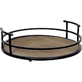 Stratton Home Decor Metal and Wood Round Tray | Wooden Coffee Table Tray Decor for Empty Table Surfaces | Decorative Round Serving Tray with Handles