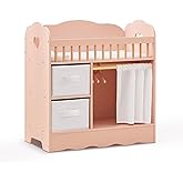 OOOK Baby Doll Crib, Wooden Baby Doll Bed and Changing Table, Dollhouse Furniture with Two Storage Box, Bedding and Coat Hangers, Nursery Playset Suitable for Dolls Under 22 Inches, Pink