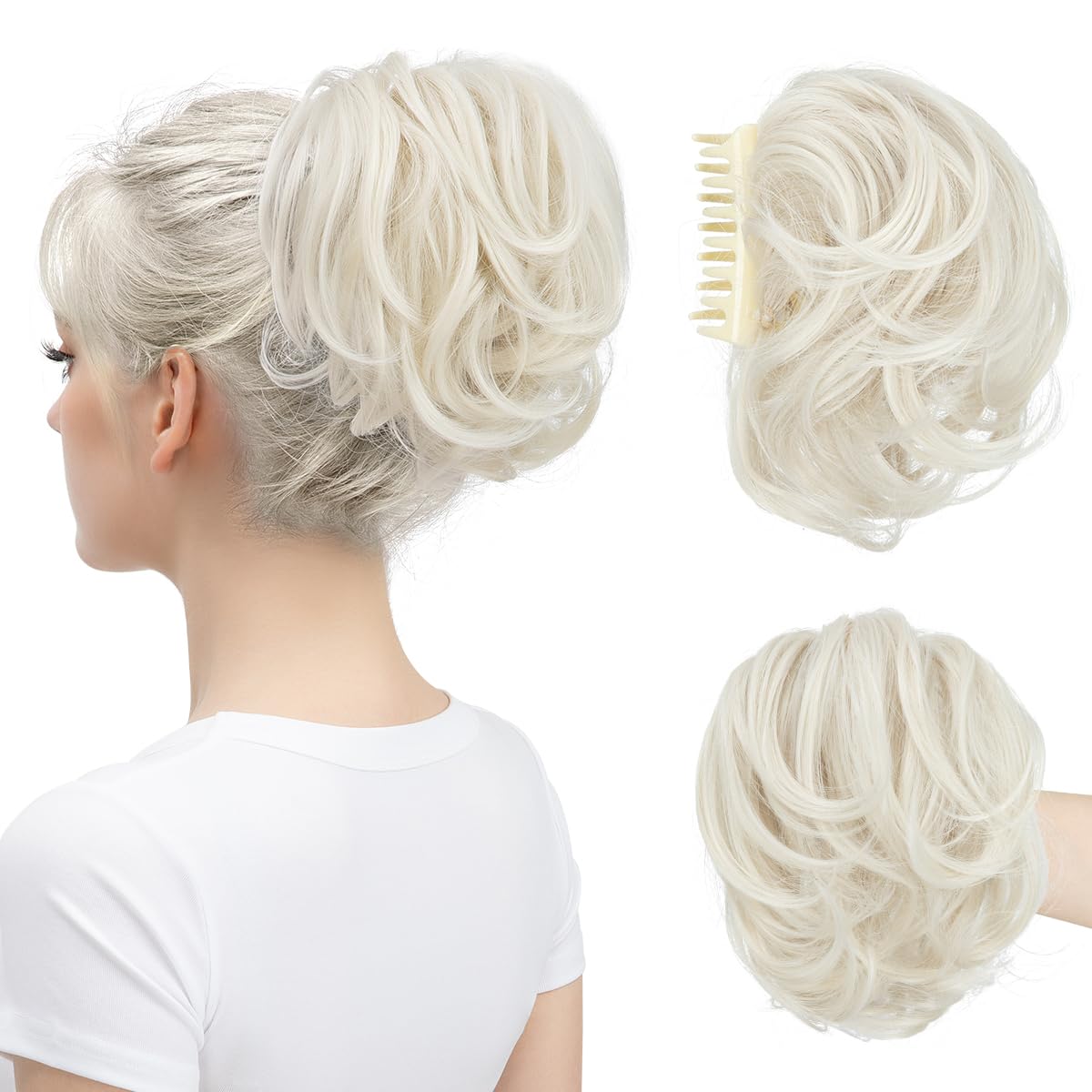 Photo 1 of youngways Claw Clip Short Ponytail Messy Bun Hair Piece Bendable Hair Branch Extensions Fluffy Wavy Curly Synthetic Versatile Platin Blonde Hairpieces