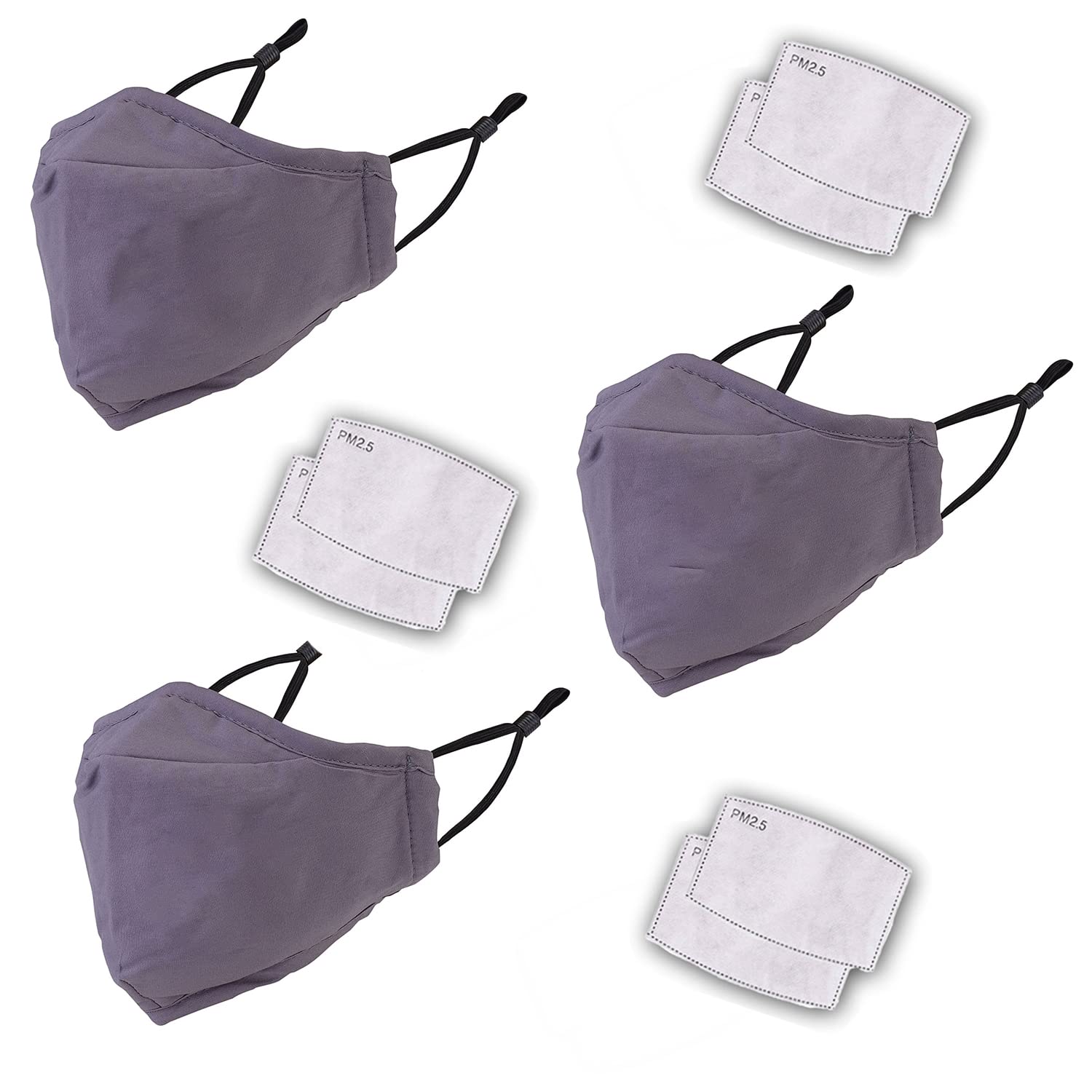 WedDecor Breathable Cotton Face Mask, Machine Washable, Reusable Safety Masks, Comfortable & Stretchable Drawstring Elastic, Face Covering, With Filter, Grey - 3pcs