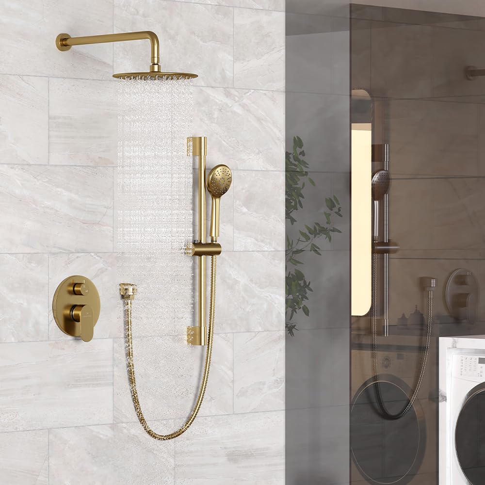 MONDAWE 9 Inch Wall Mounted Shower Faucet Set in Brushed Gold, Rainfall ...