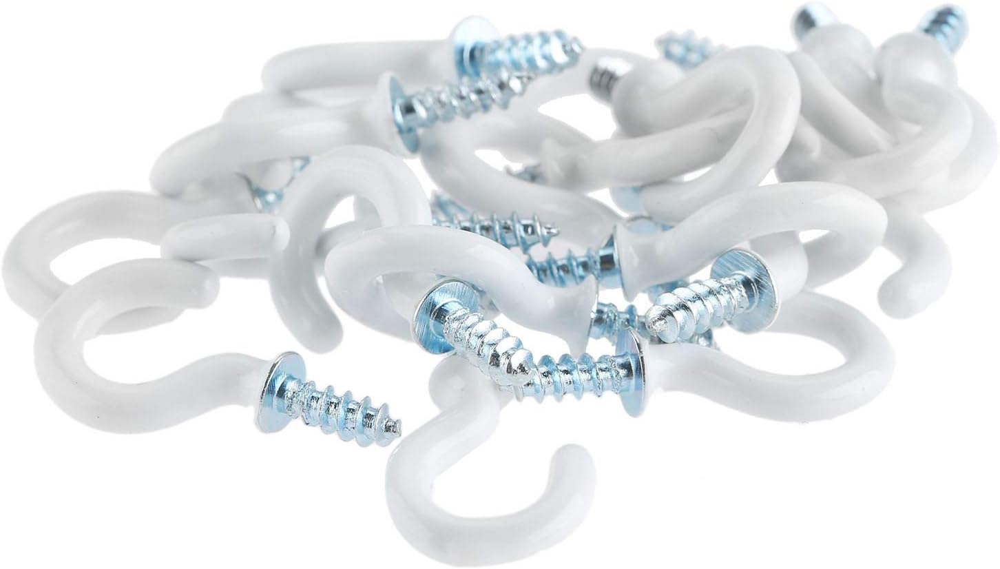Outdoor Hanging Brackets - Mgoodoo 100PCS White Vinyl Coated Ceiling Hooks, 5/8'' Screw-in Cup Hanger Plastic Question Mark Hook for Outdoor Indoor Small LED Lights Plants Wind Chimes Utensils Jewlry Small Items