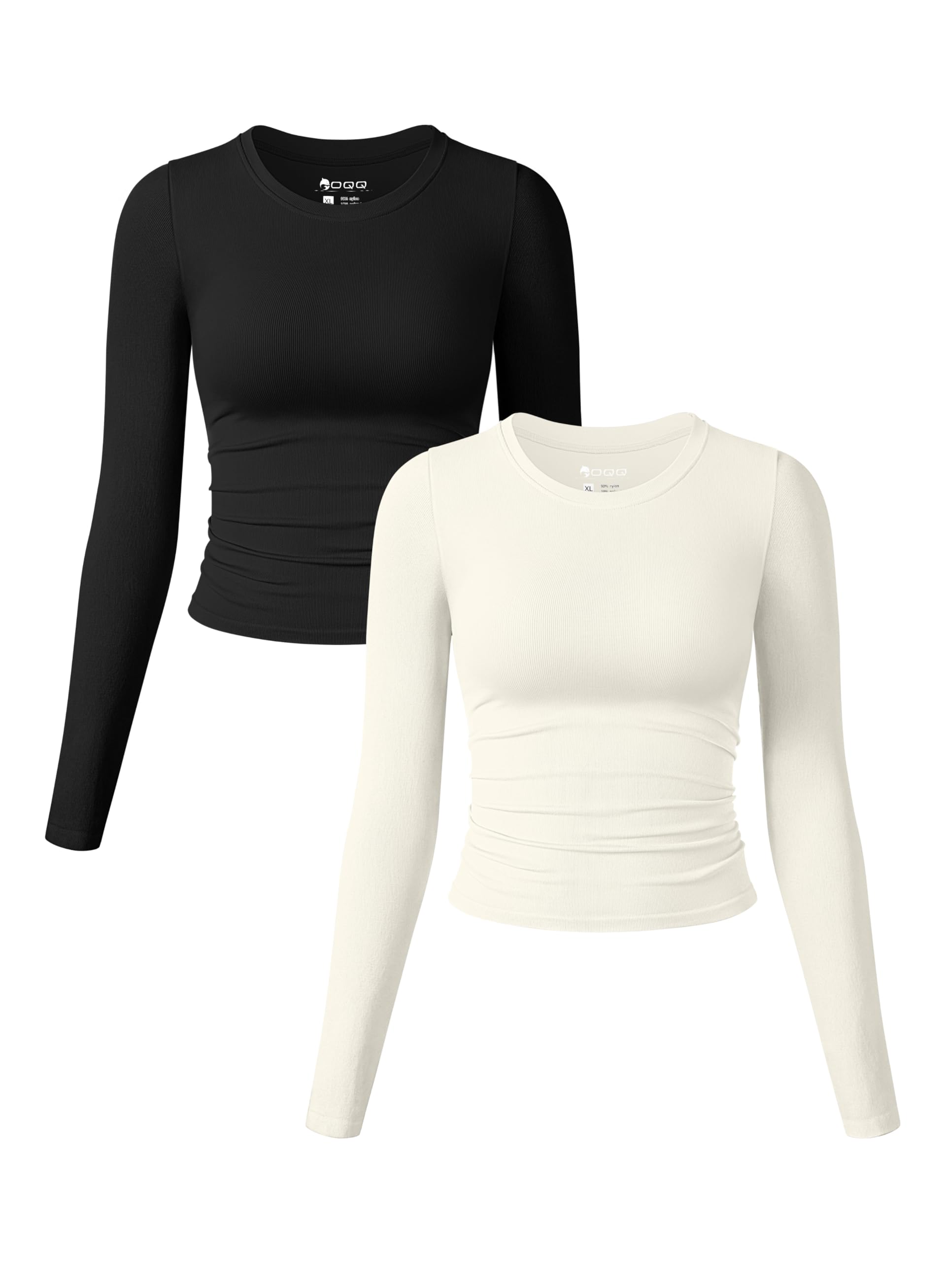 Photo 1 of OQQ Womens 2 Piece Shirts Long Sleeve Crew Neck Ruched Stretch Basic Fitted Tee Shirts Tops Black Beige - L