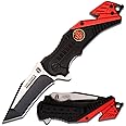 Tac-Force Pocket Folding Pocket Knife – Black/Satin Finish Blade, Black/Red Aluminum Handle w/Fire Dept Logo, Rope Cutter, Glass Punch, and Pocket Clip, Tactical, EDC, Rescue - TF-640FD