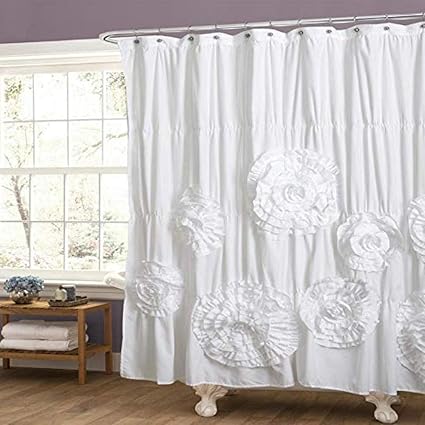 Amazon Com Ruffle Trim White Shower Curtain Floral Solid Color
