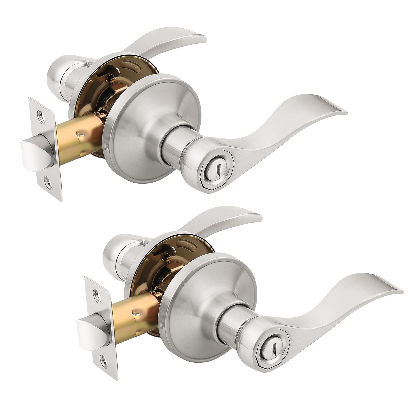 KNOBWELL 2 Pack Privacy Door Handle Brushed Nickel, Keyless Bedroom Interior Door Handles with Lock Modern Door Handles Wave Style Image