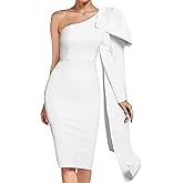 UONBOX Women's One Shoulder Bowknot Long Sleeve Bodycon Knee Length Club Party Bandage Dress
