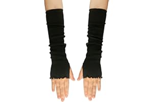 Lotus Leaf Edge Style Fingerless Elastic Stretch Armsleeve Winter Warmer Cotton Long Arm Sleeve for Ladies Women Girl (Black)