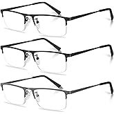 Anourney 3-Pack Reading Glasses for Men, Lightweight Metal Half Frame Blue Light Blocking Computer Readers, Stylish Filter UV Ray/Computer Glare with Spring Hinge Eyeglasses(2PCS Black+1PCS Gray,+1.0)