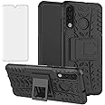 Phone Case for Huawei P30 Lite with Tempered Glass Screen Protector Cover and Stand Kickstand Hard Rugged Hybrid Protective Cell Accessories TPU Huwai P30lite P 30 30lite Hawaii Hwauei Cases Men Black