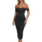 CurvySweet Women's Off The Shoulder Midi Dress Built-in Bra Ruched Corset Bodycon Spring Formal Cocktail Party Dresses