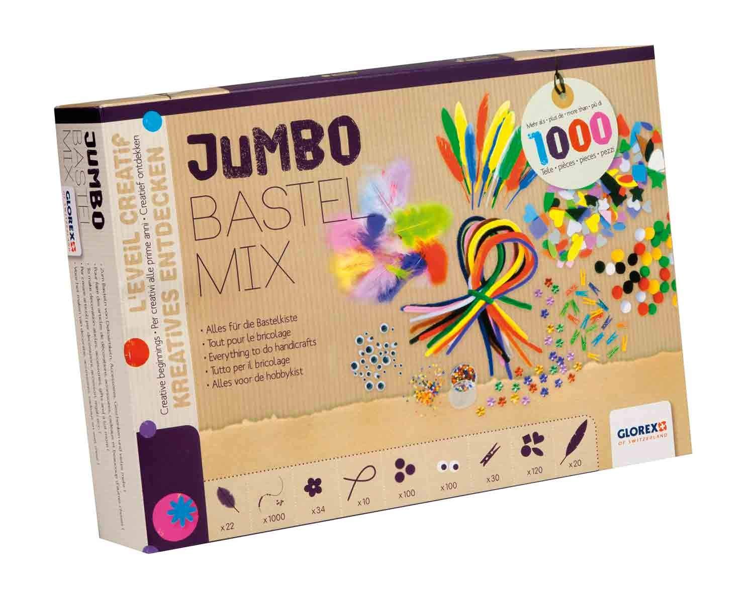Glorex 6 1214 072 Jumbo Craft Mix, Over 1000 Pieces, Extensive Craft Set with Feathers, Pompoms, Pipe Cleaners, Wiggle Eyes, Clothes Pegs and Much More, Ideal for Crafts with Children