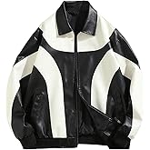 BEAUDRM Men's Y2k PU Leather Jacket Color Block Motorcycle Coat Zip Up Long Sleeve Outerwear with Pockets Streetwear