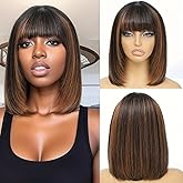 Civrie Layered Highlight 1b/30 12 Inch Glueless Bob Wig Human Hair, Straight Bob Wig with Bangs for Daily Wear, 2.5x1 Inch Bob Lace Front Wigs Human Hair 180 Density Wigs for Black Women
