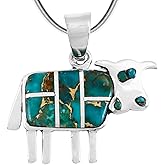 Cow in Turquoise & Gemstone Pendant Necklace in 925 Sterling Silver (18" Length)