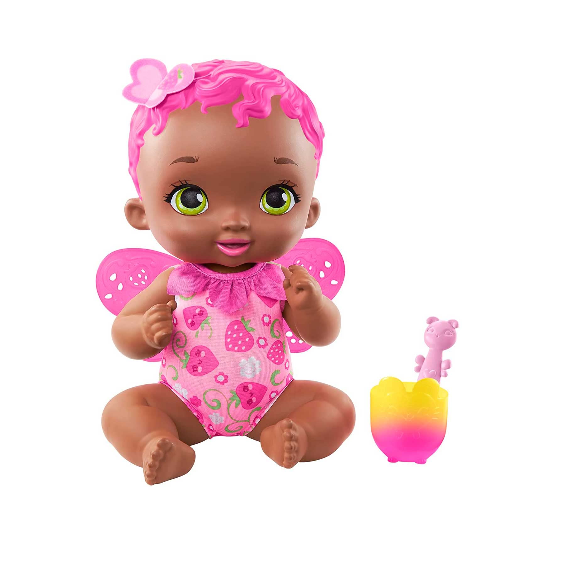 My Garden Baby GYN99​ Berry Hungry Baby Butterfly Doll (30-cm / 12-in), Strawberry-Scented with Color-Change Spoon & Cup, Great Gift for Kids Ages 2Y+, Multicolor