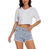Mowbeat Cropped Jersey for Women Stripe Baseball Jersey Button Down T-Shirts Crop Top V-Neck Softball Blouse