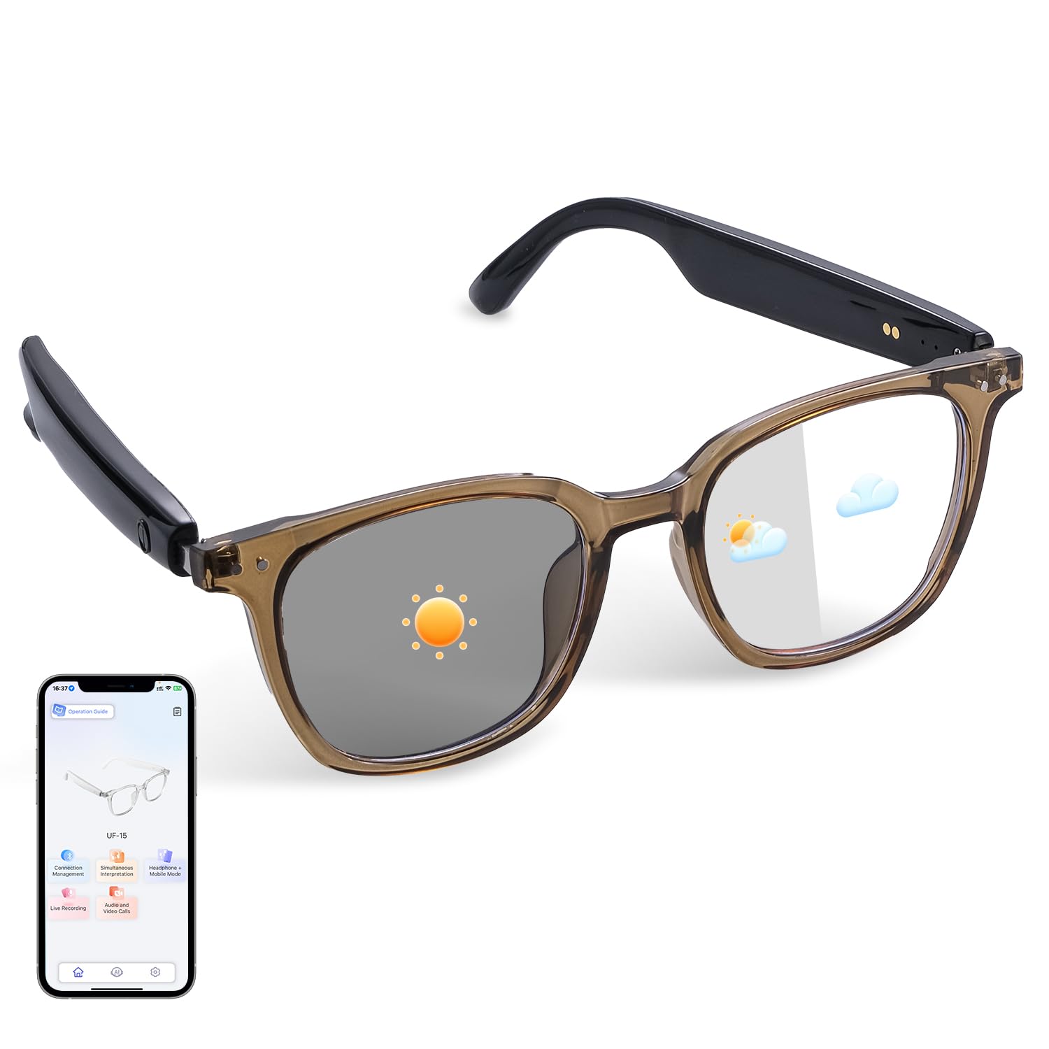 Photo 1 of Smart Translation Glasses Integrated with ChatGPT AI, Support 160+ Languages, AI Noise Reduction, Video/Audio Calls Eyewear, Photochromic Lenses Bluetooth Eyeglasses Suit for Indoor Outdoor(Brown)