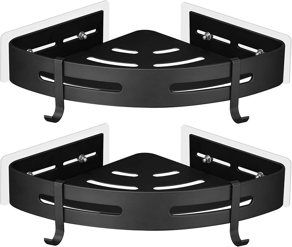 GRICOL Shower Corner Shelf No Drilling with Adhesive 2 Tiers 4 Hooks Black