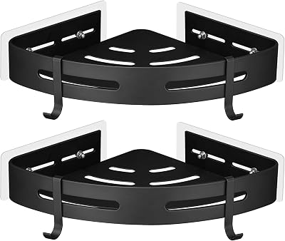 GRICOL Shower Corner Shelf No Drilling with Adhesive 2 Tiers 4 Hooks Black