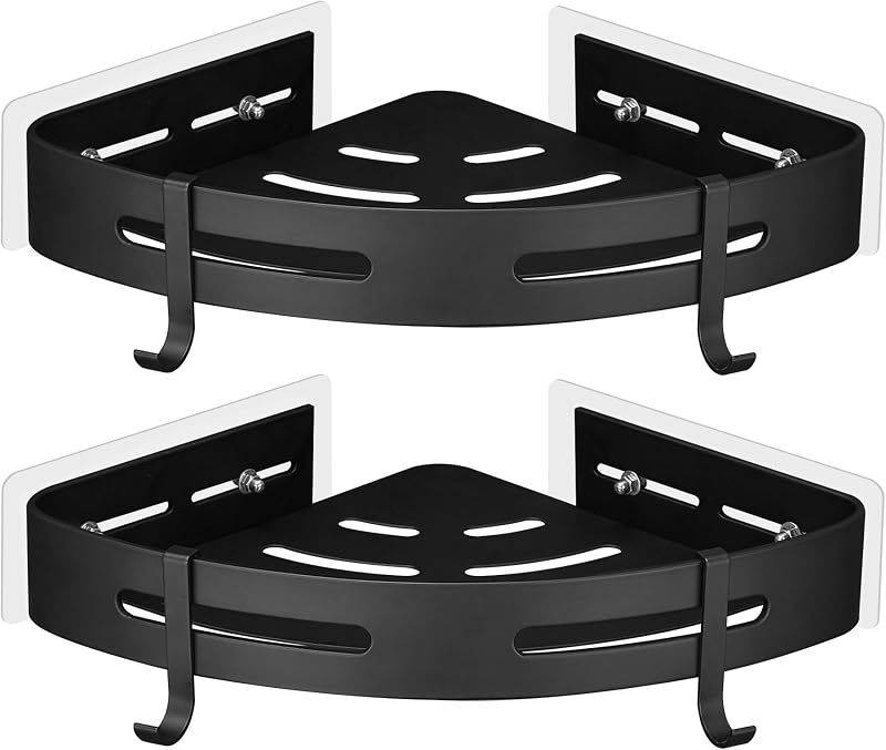 GRICOL Shower Corner Shelf No Drilling with Adhesive 2 Tiers 4 Hooks Black